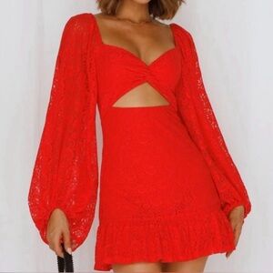 Hello Molly Red Mini Sundress with Sweetheart Neckline and Bishop Sleeves